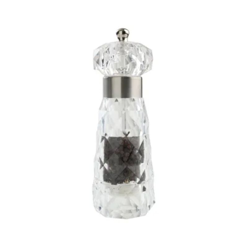 T&G Diamond Pepper Mill in clear acrylic, 180mm tall, featuring an adjustable ceramic grinding mechanism for fresh spices.