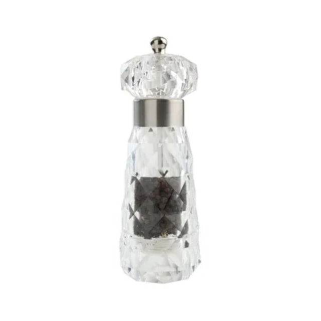 T&G Diamond Pepper Mill in clear acrylic, 180mm tall, featuring an adjustable ceramic grinding mechanism for fresh spices.