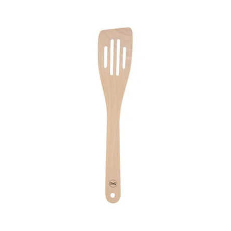 Curved slotted beech spatula, 300mm, perfect for flipping and serving with ergonomic grip and eco-friendly design.