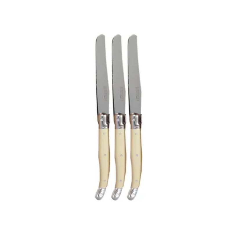 Set of 3 elegant Verdier Table Knives with stainless steel blades and ivory resin handles, featuring the Laguiole Bee emblem.