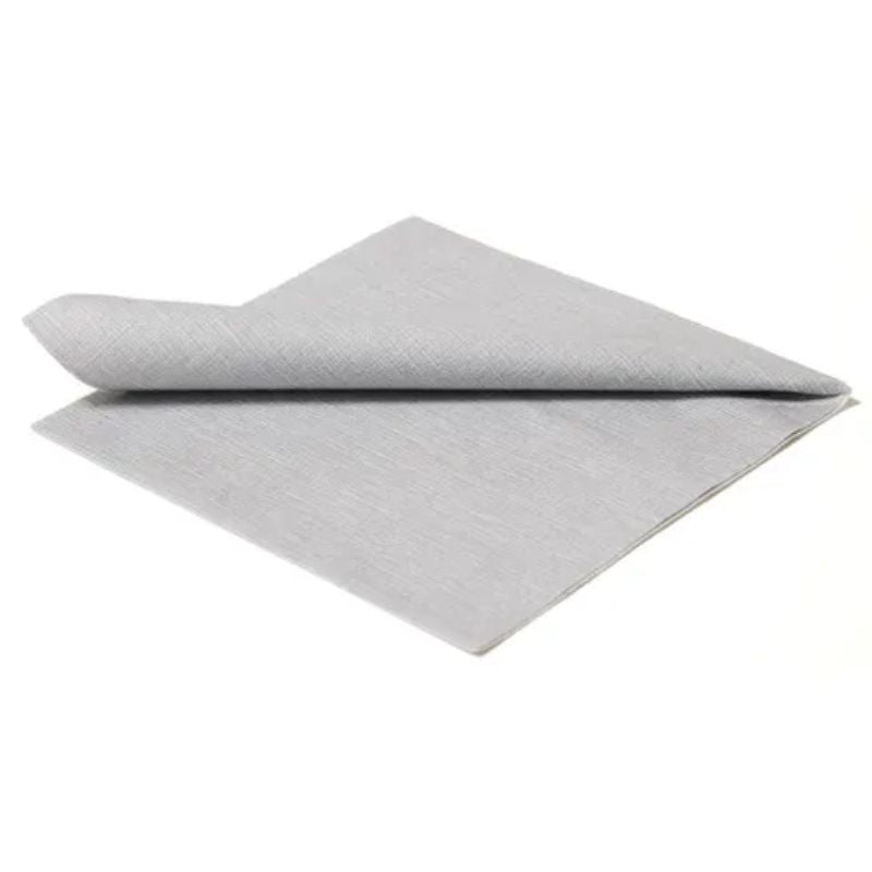 Elegant silver grey single-use dinner napkins, pack of 60, 40x40 cm, soft textile feel, perfect for upscale events.