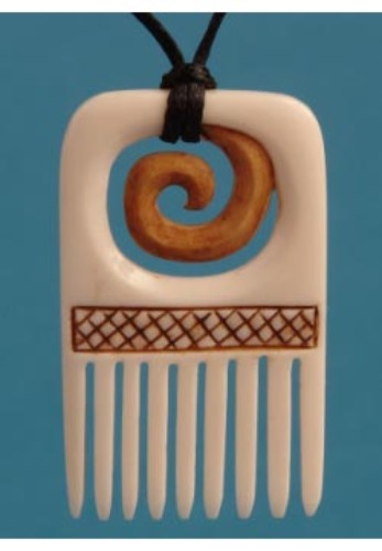 Bone Stained Comb Pendant featuring Koru design, symbolizing growth, on a black adjustable cord, representing M?ori heritage.