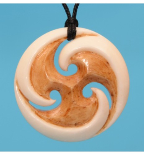 Triple Koru Stained Pendant, 35mm, handcrafted bone, symbolizes new beginnings, growth, on adjustable black cord.