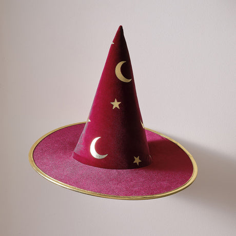 Burgundy velvet magician hat with gold stars and moons, perfect for kids' dress-up and imaginative play.
