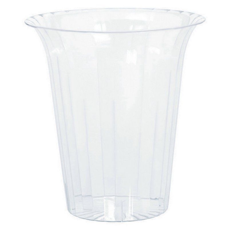 Small clear plastic flared cylinder for floral displays, candles, and décor, perfect for events and home use.