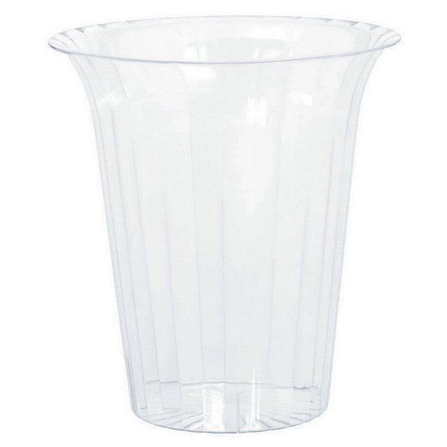 Small clear plastic flared cylinder for floral displays, candles, and décor, perfect for events and home use.