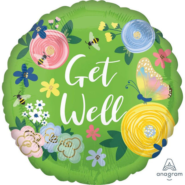 Colorful 45cm floral foil balloon with a 'Get Well' message, perfect for cheering up loved ones during recovery.