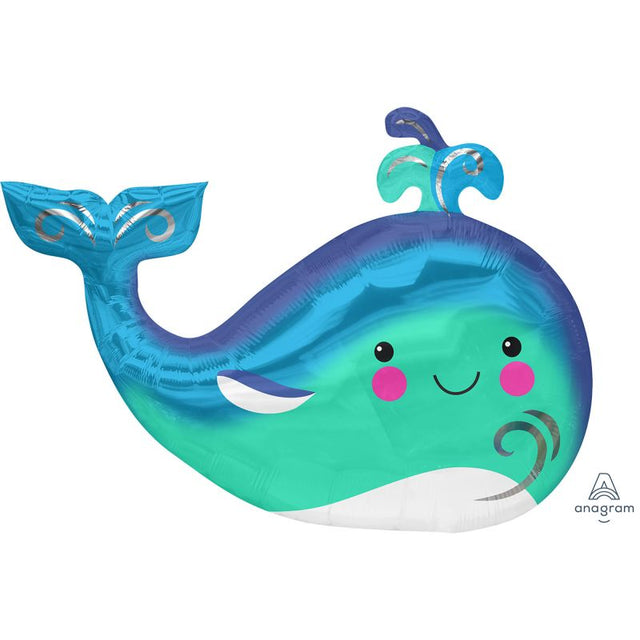 Vibrant 86cm SuperShape Happy Whale foil balloon, perfect for ocean-themed parties and celebrations.