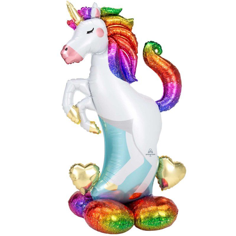 Foil balloon featuring a vibrant unicorn and hearts, measuring 83cm x 139cm, perfect for magical celebrations.