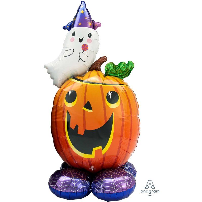 Foil balloon featuring a Halloween pumpkin and ghost, measuring 142cm, perfect for festive indoor and outdoor decor.