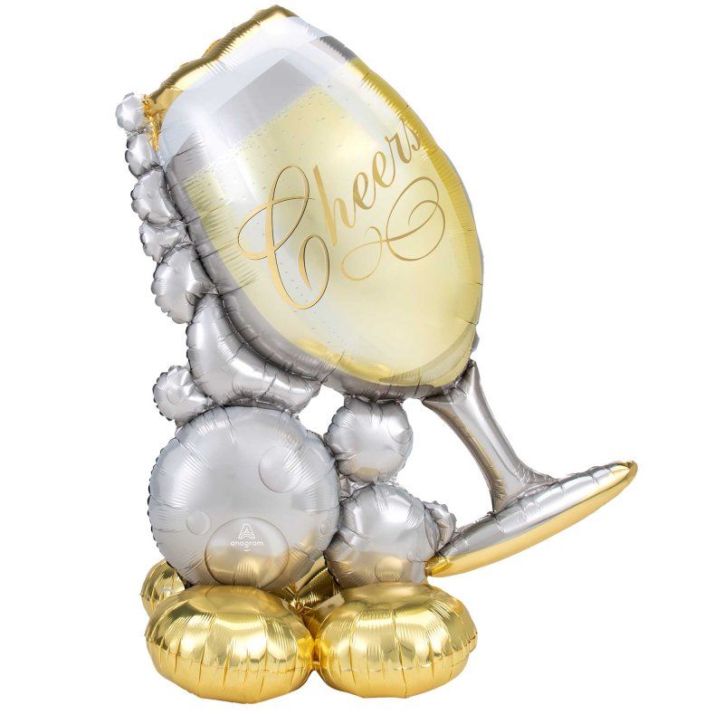 129cm Bubbly wine glass foil balloon for celebrations, featuring straw and elastic strap for easy display.