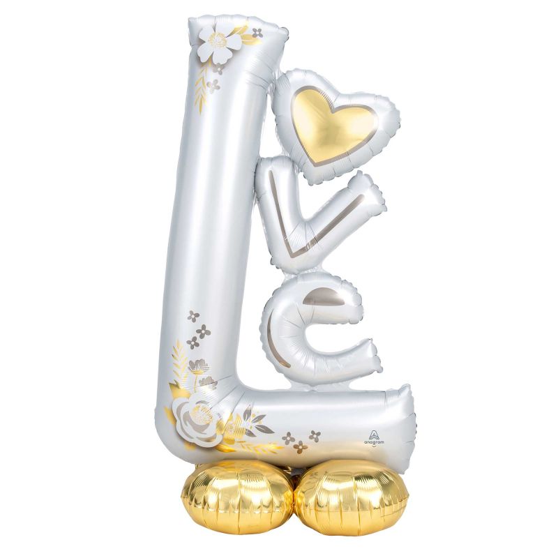 Large foil balloon shaped as L-O-V-E, ideal for weddings and romantic events, measuring 147cm for vibrant decor.