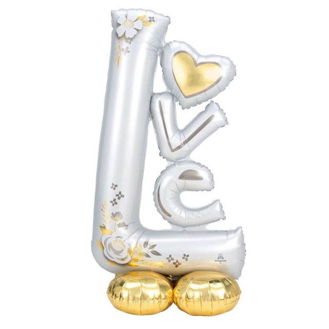 Large foil balloon shaped as L-O-V-E, ideal for weddings and romantic events, measuring 147cm for vibrant decor.