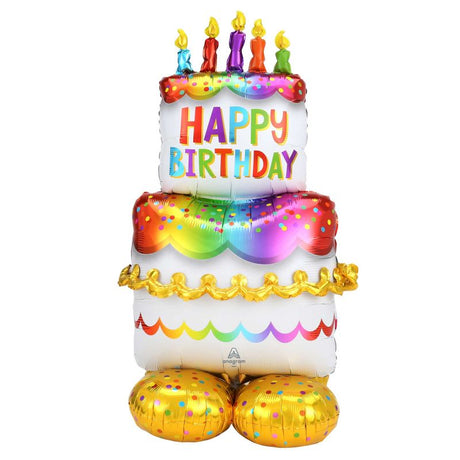 Large foil balloon shaped like a birthday cake, measuring 68cm x 134cm, air fill only with secure straw and strap.