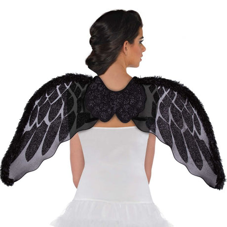 Luxurious black marabou faux fur angel wings, perfect for costumes or adding whimsy to everyday outfits.