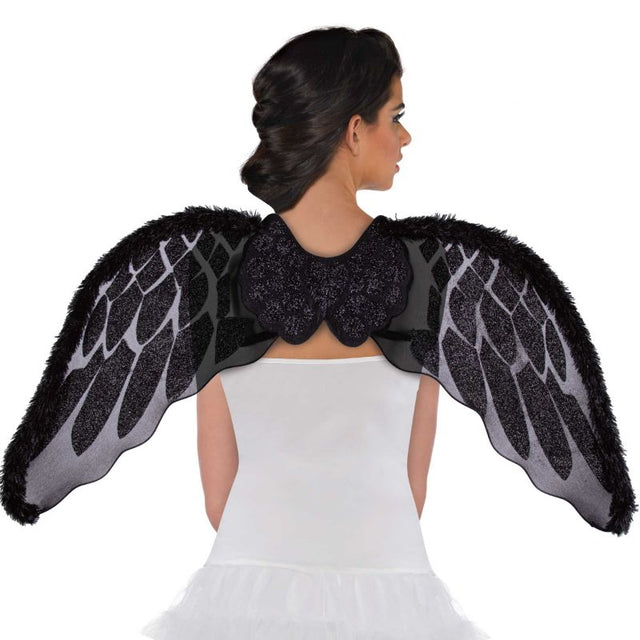 Luxurious black marabou faux fur angel wings, perfect for costumes or adding whimsy to everyday outfits.