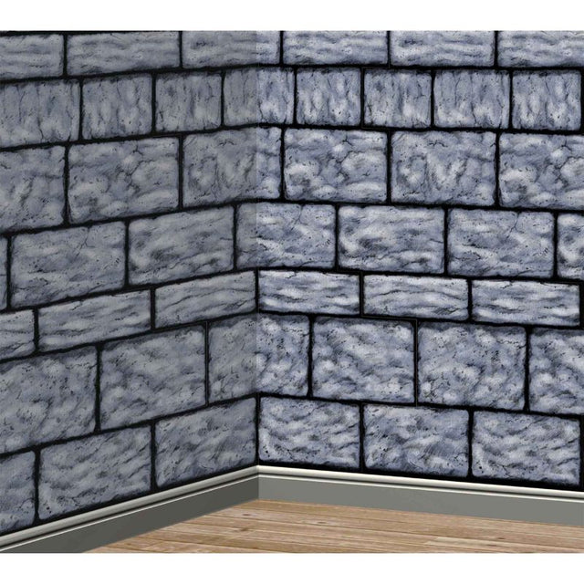 Durable plastic roll featuring a realistic stone wall design, perfect for themed events and photography backdrops.