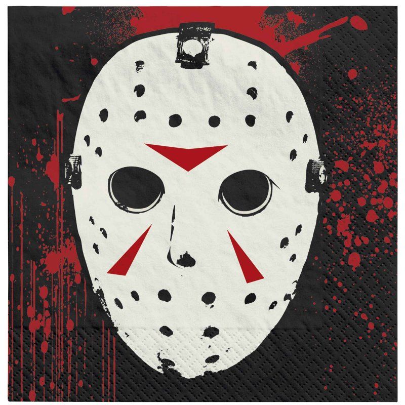 Vibrant Friday the 13th beverage napkins, perfect for Halloween parties, featuring iconic spooky imagery.