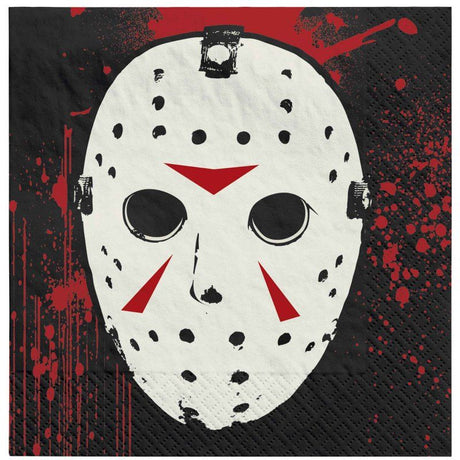Vibrant Friday the 13th beverage napkins, perfect for Halloween parties, featuring iconic spooky imagery.
