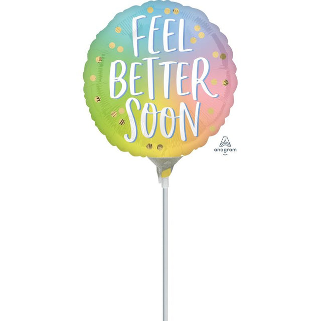 22cm foil balloon in ombre colors with 'Feel Better Soon' message, requires air inflation and heat sealing.