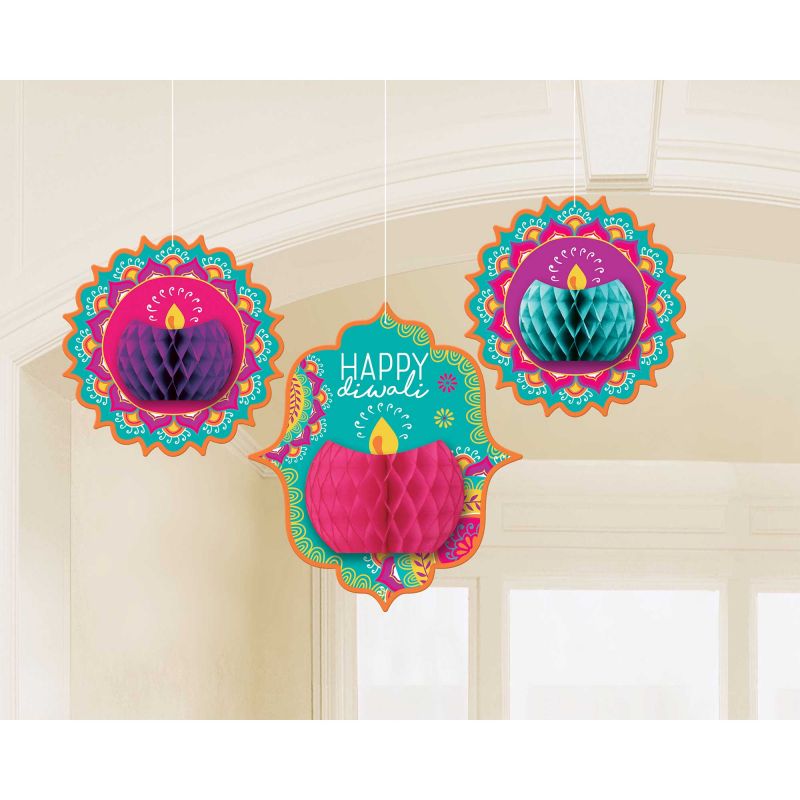 Vibrant honeycomb hanging decorations for Diwali, featuring 2 pieces of 26cm and 1 piece of 35cm, crafted from eco-friendly materials.