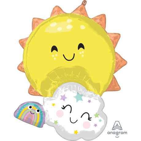 Colorful XL rainbow foil balloon featuring a sun and cloud, perfect for festive celebrations and parties.