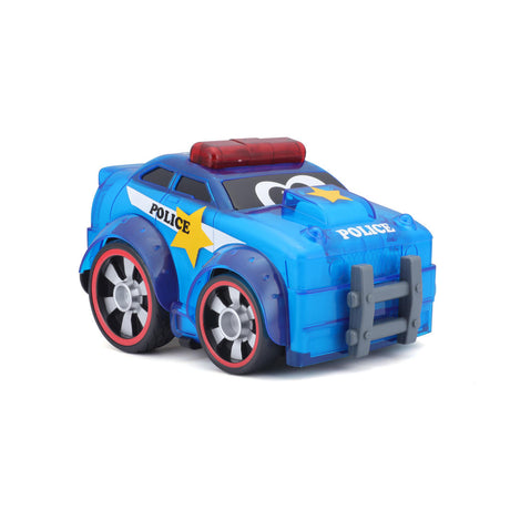BB Junior Push & Glow Police Car with glowing body and sound effects, promoting imaginative play for toddlers.