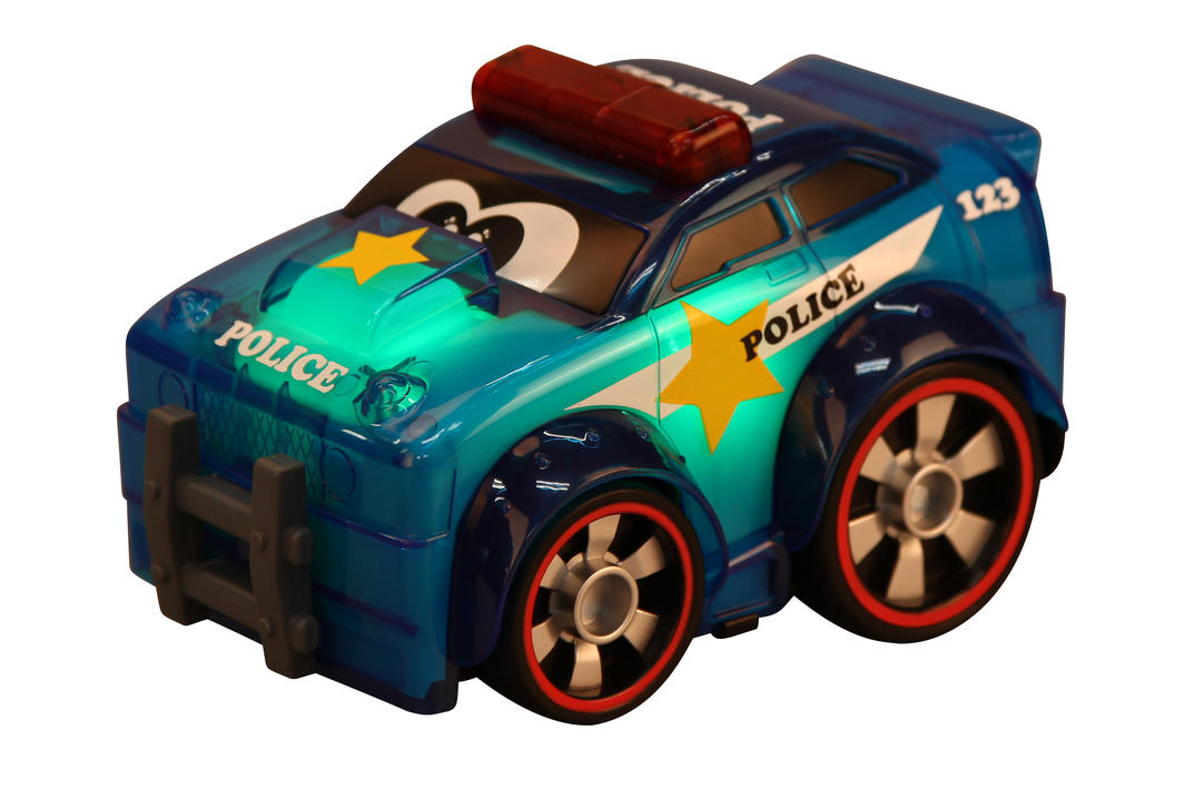 BB Junior Push & Glow Police Car with glowing body and sound effects, engaging toddlers in imaginative play.
