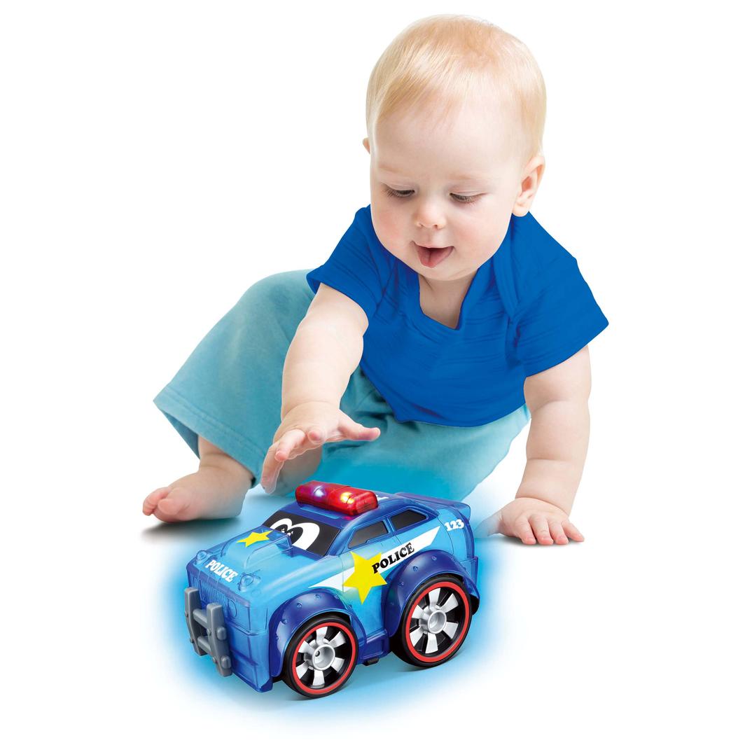 BB Junior Push & Glow Police Car with glowing body and sound effects, designed for sensory development and imaginative play.