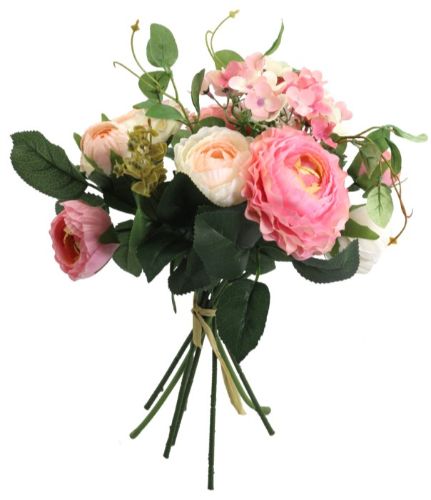 Artificial dark pink rose bouquet, 38cm tall, featuring 6 rose heads and 2 buds with lush green leaves for elegant decor.