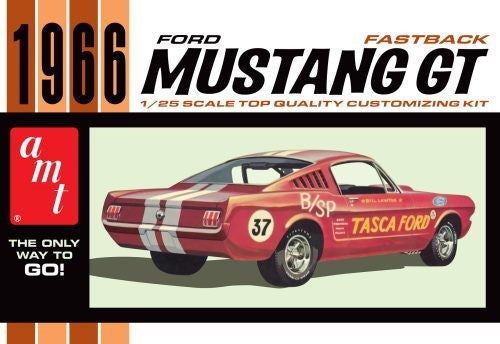 1:25 scale model kit of a 1966 Ford Mustang Fastback, featuring over 120 customizable parts and authentic decals.