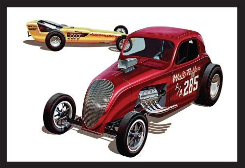 1/25 scale model kit of Fiat Double Dragster with 172 parts, featuring white, clear, and chrome-plated components.