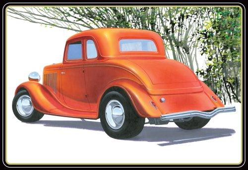 1/25 scale model of a '34 Ford 5 Window Coupe with detailed parts, paintable surface, and vintage-style packaging.