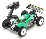 Kyosho EP RS 4WD Inferno MP10e Green Racing Buggy with brushless motor, 4WD system, and pre-painted aerodynamics.