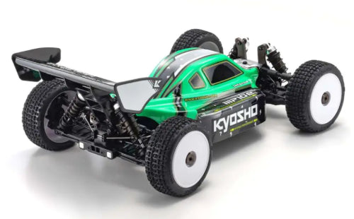 Kyosho EP RS 4WD Inferno MP10e Green racing buggy with brushless motor, 4WD system, and advanced suspension for high-performance racing.