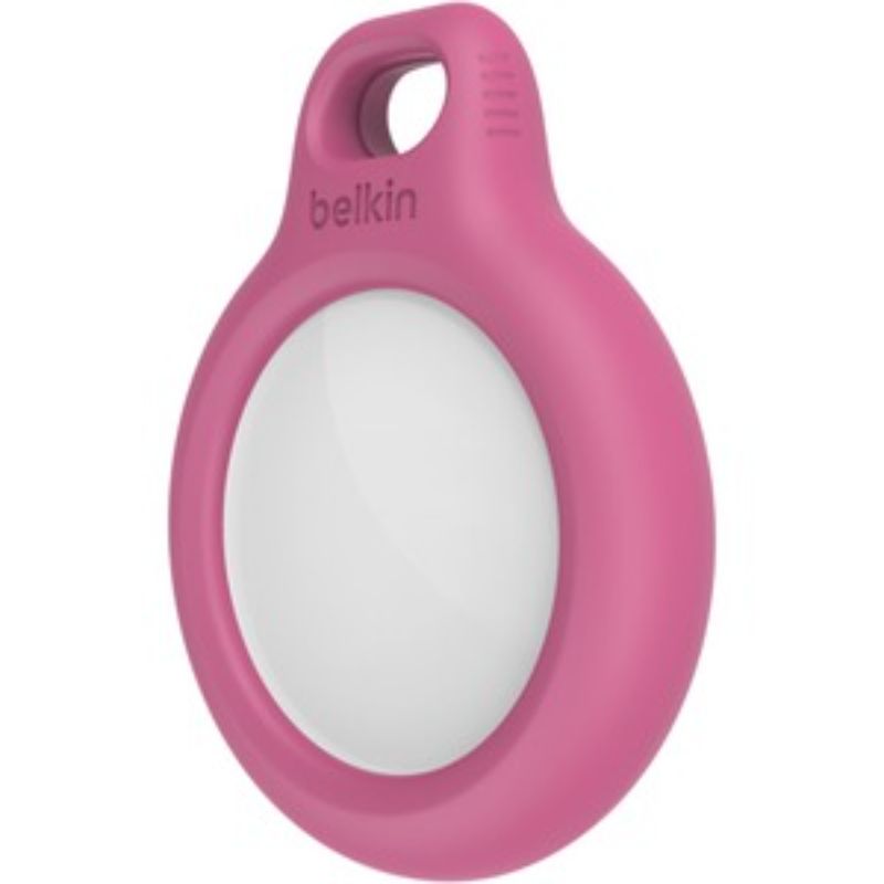 Belkin Pink AirTag holder with key ring for stylish, durable protection of AirTag; ideal for tracking belongings.
