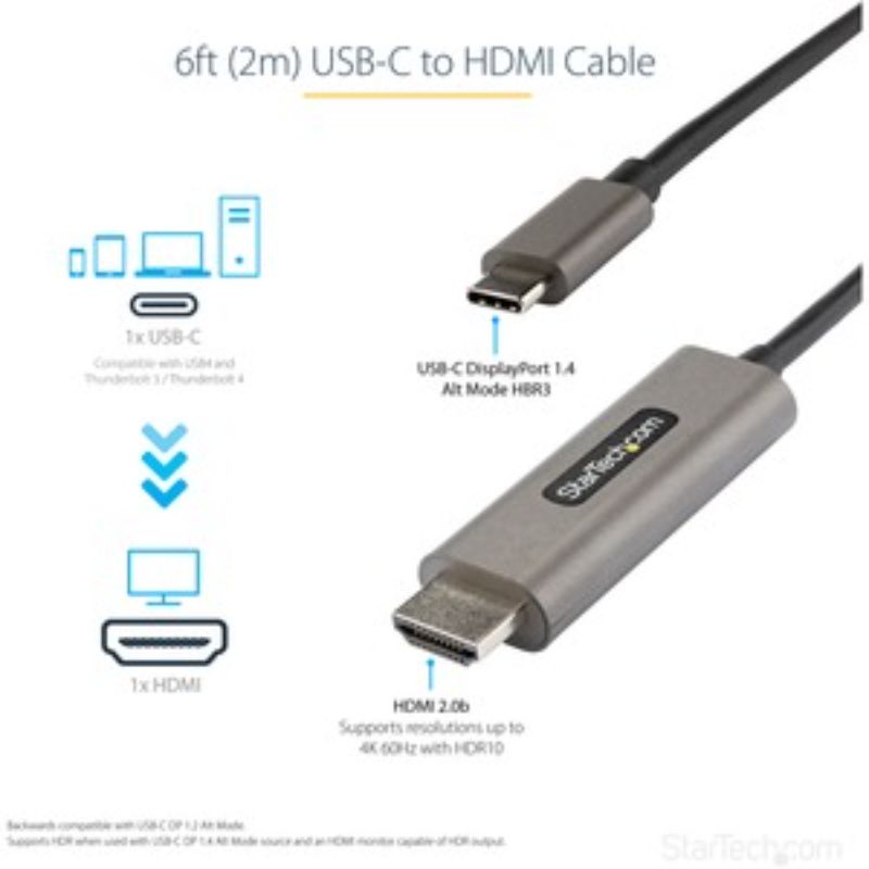 StarTech 6ft USB-C to HDMI Adapter - 4K 60Hz HDR10 - UHD HDMI 2.0b - Compatible with MacBook, Monitors & TVs