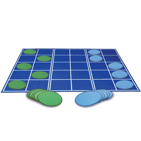 Educational rug with blue and green colors, featuring 20 discs to enhance math comprehension for students.
