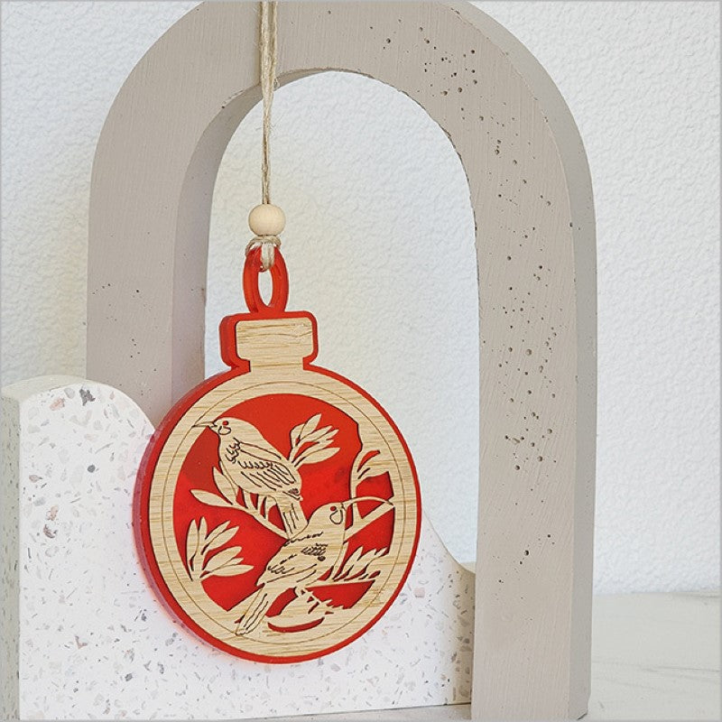 Red satin acrylic bauble ornament, laser cut bamboo, 80mm x 110mm, perfect for holiday decor or gifts.