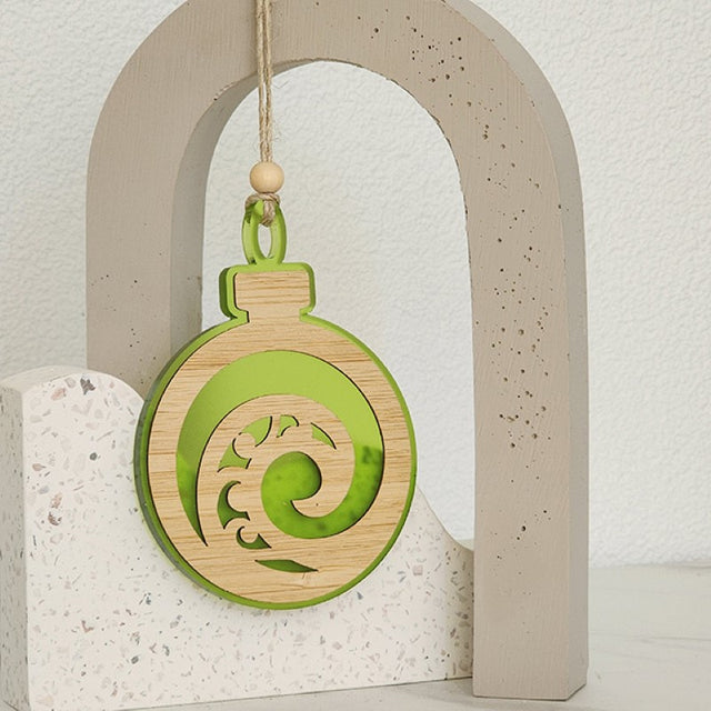 Lime Satin Acrylic Koru ornament, laser-cut bamboo, 80mm x 110mm, perfect for home decor and gifting.