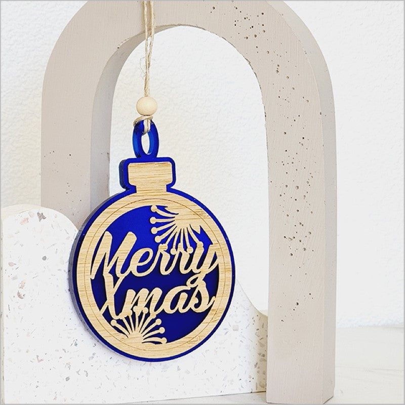 Blue satin acrylic Christmas bauble ornament with laser-cut bamboo design, ready to hang and perfect for holiday gifting.