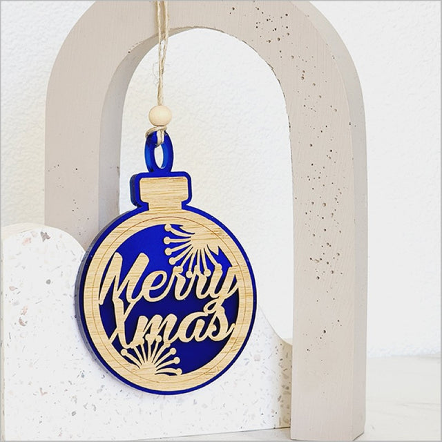 Blue satin acrylic Christmas bauble ornament with laser-cut bamboo design, ready to hang and perfect for holiday gifting.