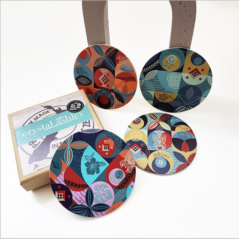 Stylish coasters featuring Pacific-themed prints, made of acrylic with a cork base, perfect for protecting surfaces.