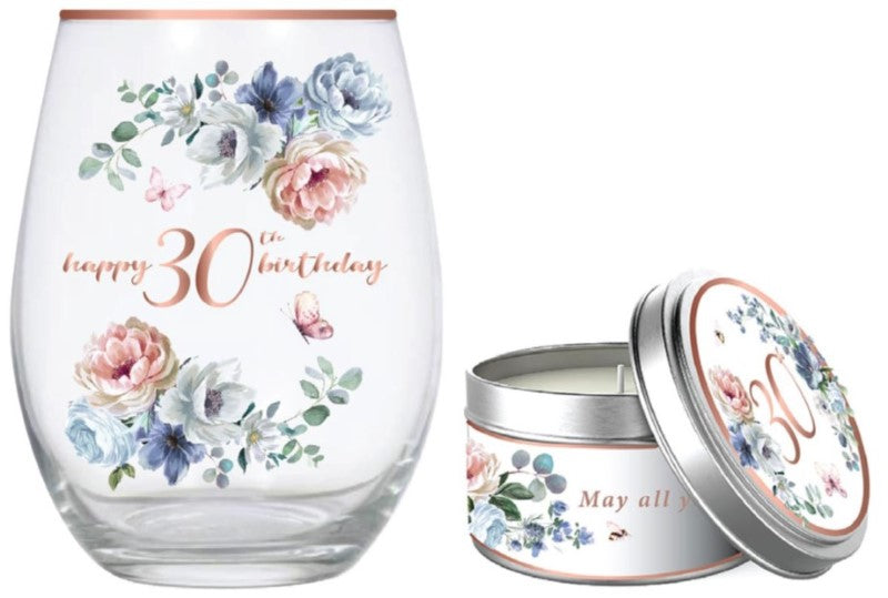 30th Stemless Glass - Dancing Roses & Vanilla Candle Gif (520ml)