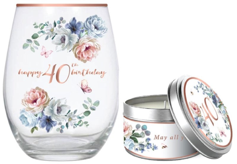 40th Stemless Glass - Dancing Roses & Vanilla Candle Gif (520ml)