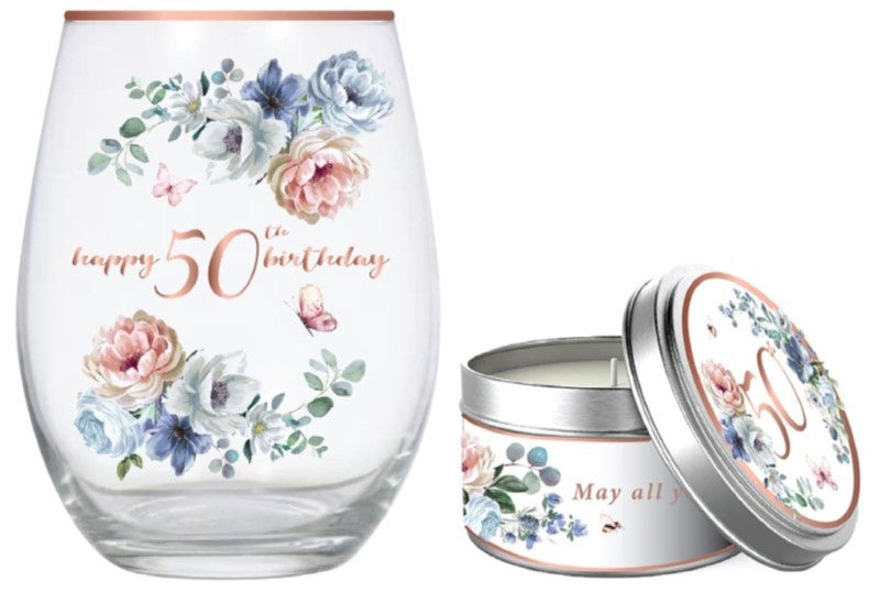 50th Stemless Glass - Dancing Roses & Vanilla Candle Gif (520ml)