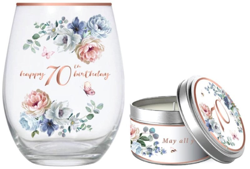 70th Stemless Glass - Dancing Roses & Vanilla Candle Gif (520ml)