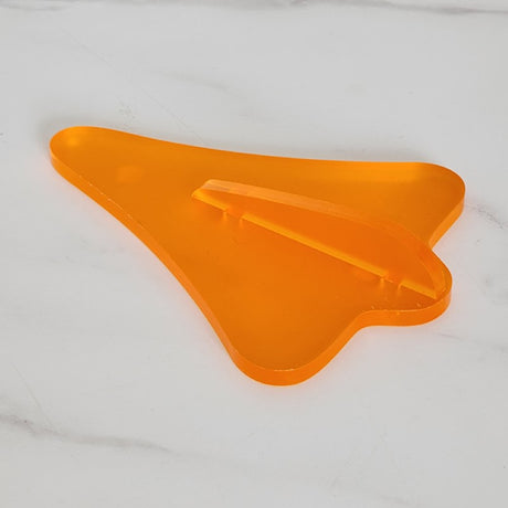 Vibrant orange satin acrylic jet plane wall art, ideal for aviation enthusiasts and modern decor, 105mm x 145mm size.