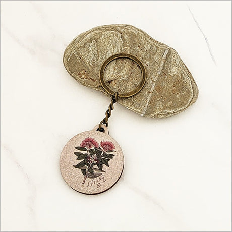 Lightweight SF Pohutukawa keychain in premium pine veneer, showcasing vibrant flower design, perfect for daily use.