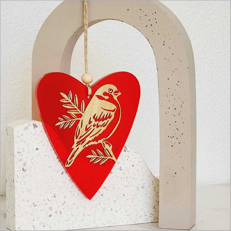 Red satin acrylic heart ornament with sparrow design, perfect for seasonal decor and heartfelt gifting.